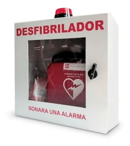 Desfibrilador Automático Externo Imagen de un DEA dentro de un gabinete colgado en una pared